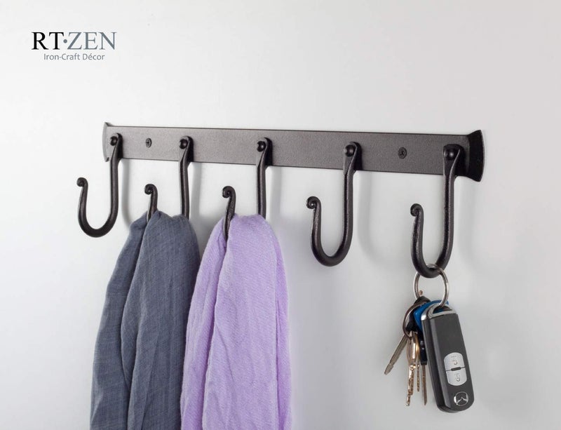 RTZEN Wall Mount Hook Set - Wrought Iron Decorative Rustic Metal Coat Hooks for Hanging - Handcrafted Classic Farmhouse Wall Mounted Black Hooks for Towel Robe or Hat Hanging - 5 Hook Rack - Image 5